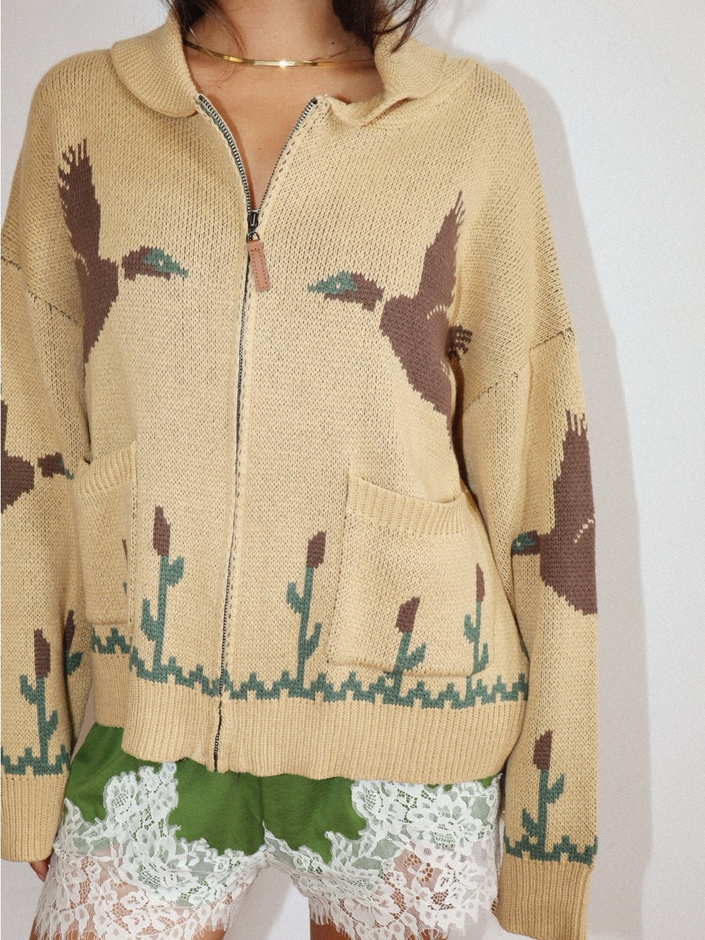 Bailey Rose 90s Vintage Birds Zip-Up Cardigan Butter